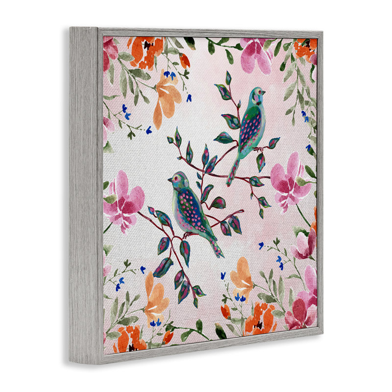 Deux oiseaux et fleurs de campagne, estampe numérique, design par Adonna Ebrahimi, Estampe numérique Farmhouse