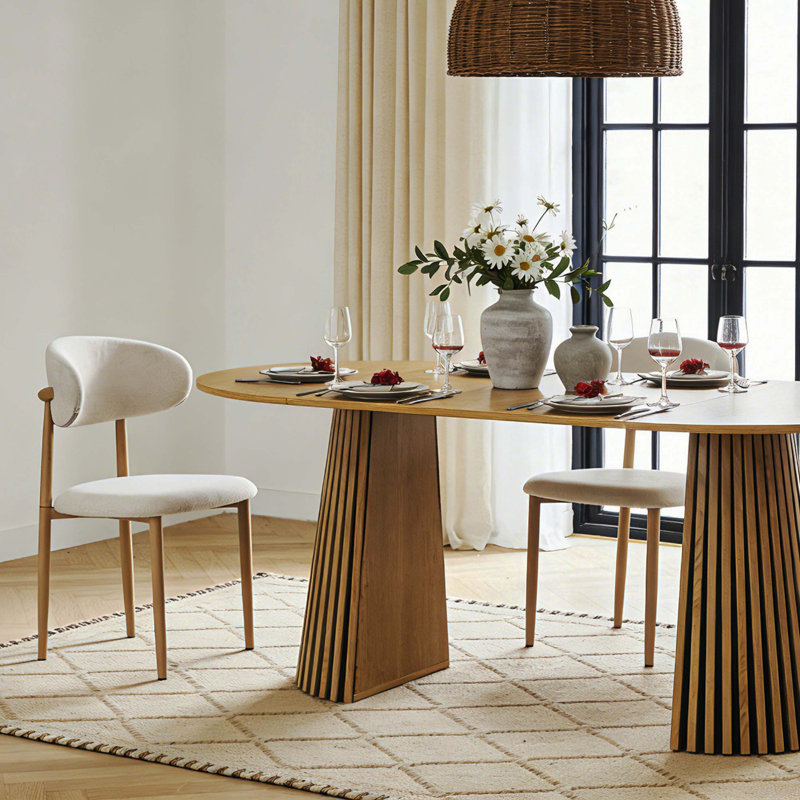 Table de salle à manger extensible en bois massif avec chaises de transfert en bois de hêtre 2 pièces, coussins beiges, Hêtre