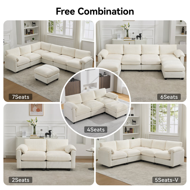5-Seater Modular Sectional Sofa With Pillow Top Arms, 5 Seat, Beige
