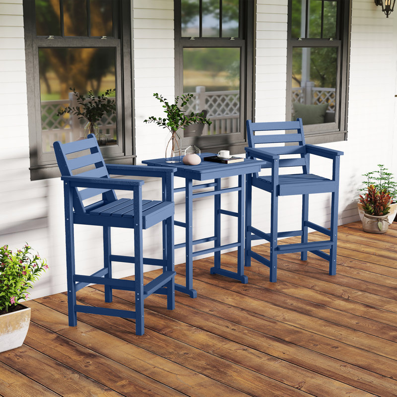 All Weather HDPE Bar Height Outdoor Table and Chairs Set for Bistro Patio Balcony, Navy, Yes 