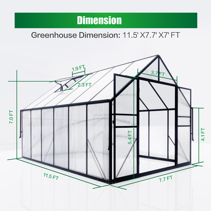 8x12 Ft Greenhouse For Outdoors, Polycarbonate Green House With Adjustable Roof Vent And Rain Gutter, Aluminum Large Walk-in Greenhouse With Quick Setup Structure For Outside Garden Backyard Patio
