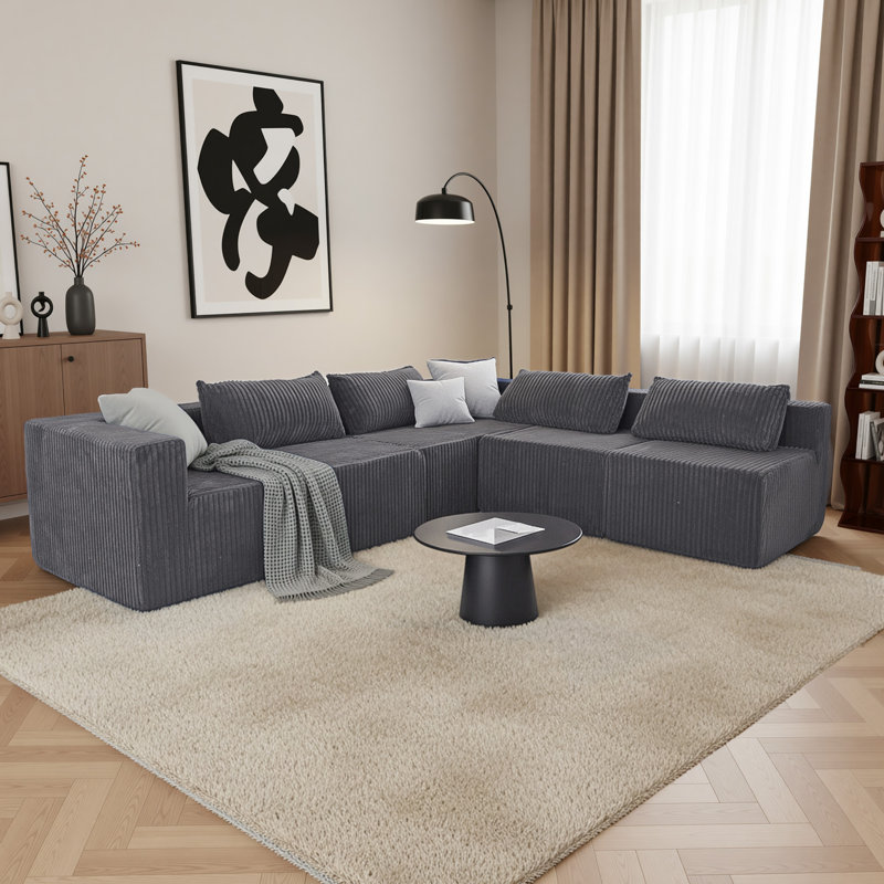 Canapé modulaire en velours côtelé de 128 po Modern, Dark Grey