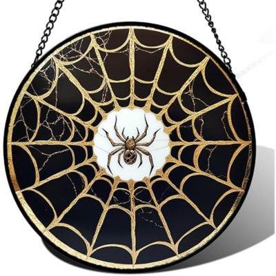Stained Glass Window Hanging - Black Gold Spider Suncatcher For Door Terrace Garden Home Decor Halloween Sun Catcher Christmas Birthday Gifts For Lovers Women Men Dad Mom Nana 7.8 In