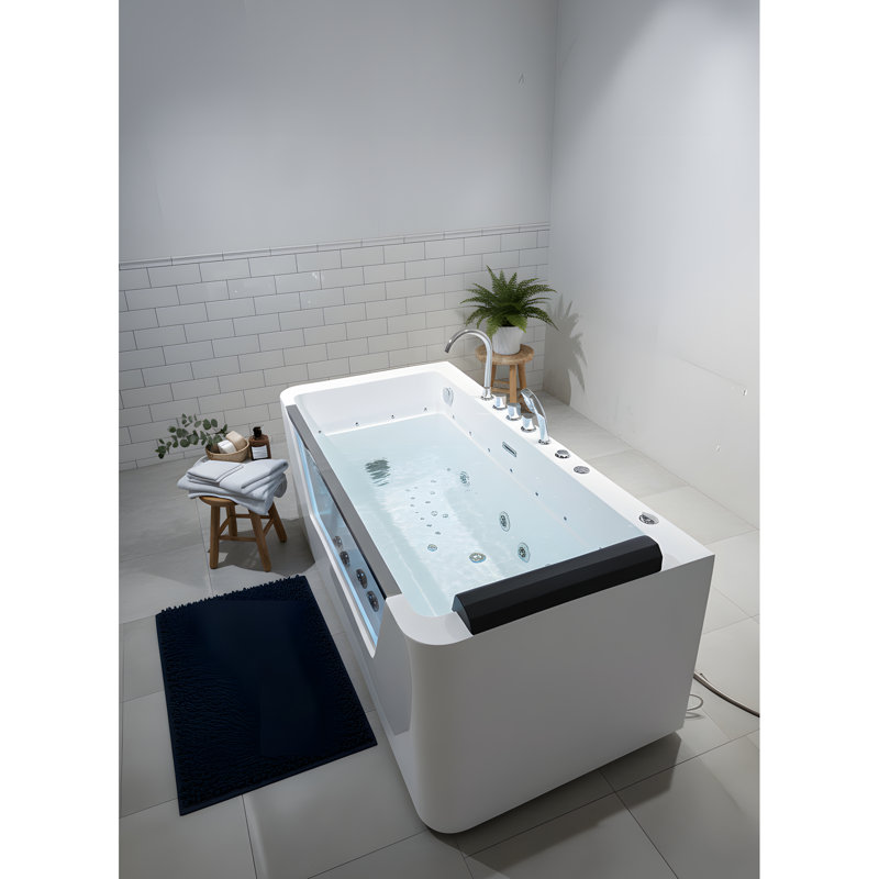 67" Jetted Bathtub, 7 Jets, 89 Gallons, White - , , Comfortable Recline Angle 750W Size, Hydro Massage, Seating, Tempered Glass Front