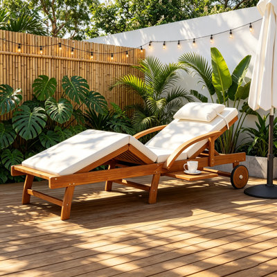 Chaise longue d'extérieur à dossier réglable, chaise longue de patio avec plateau latéral, roues et coussins