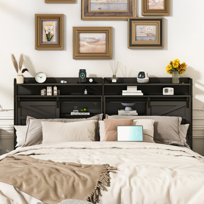  Issifu Farmhouse Headboard with Sliding Barn Door Storage, LED Light and Charging Station