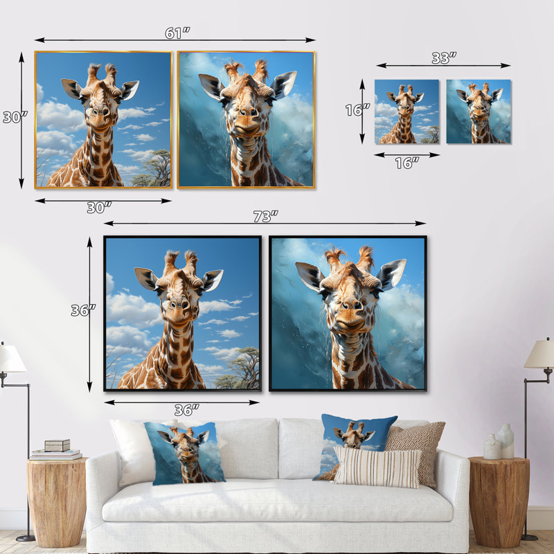 Ensemble de 2 collages carrés girafe brun, Cadre flottant noir, H 16 po x l 33 po