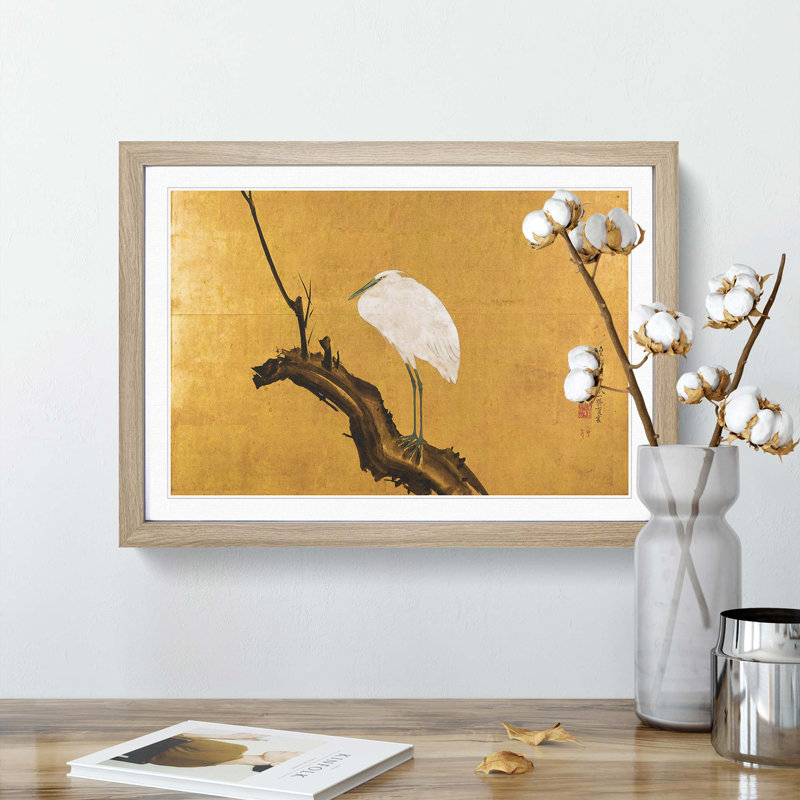 Heron on a Willow Tree Branch by Maruyama Okyo - Picture Frame Painting Print on MDF, Oak Framed, 27cm H x 36cm W x 2cm D