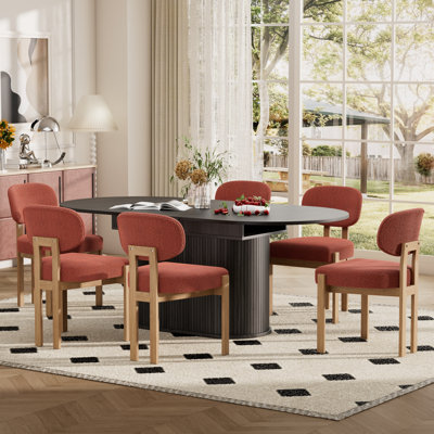 Modern 55.11"-70.86" MDF Extendable Dining Table Set For 4-6 With Chenille Upholstered Chairs, Space Saving Expandable Kitchen & Dining Room Furniture Set, Stylish Comfortable Dinner Table Set