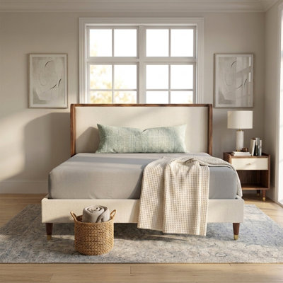 Mid-Century Modern Upholstered Platform Bed with Wood Trim and Gold Legs, Queen, Beige Linen