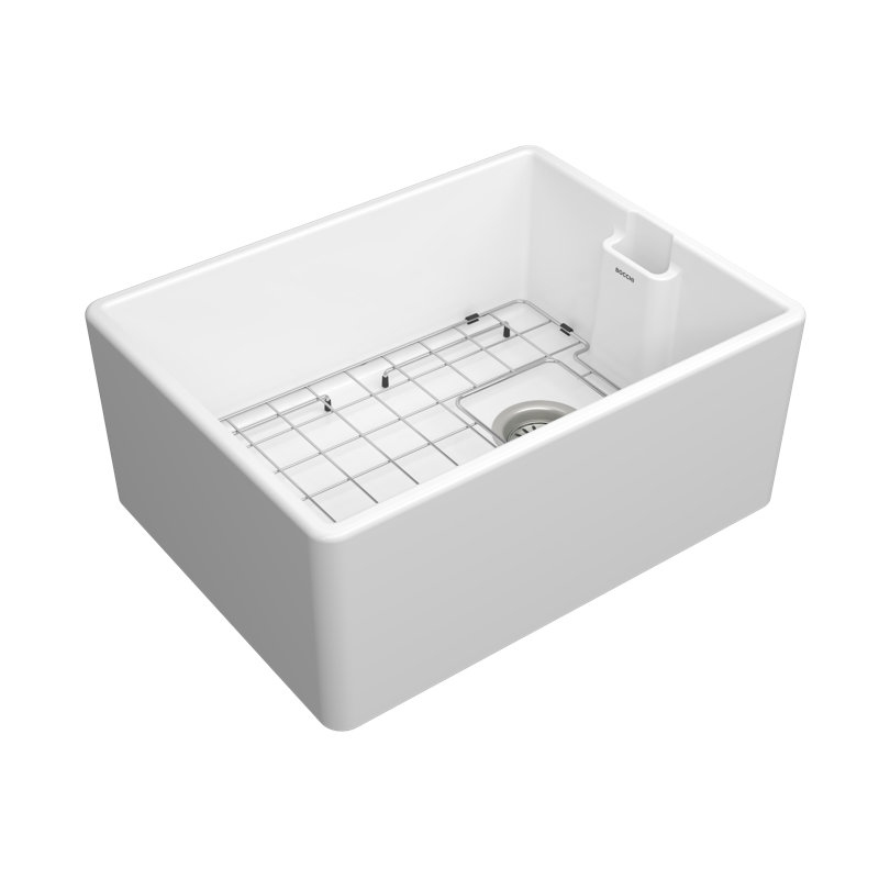 Belfast T60 1.0Bowl Ceramic Kitchen Sink, G White w Waste, Bottom Grid- 60mm Waste