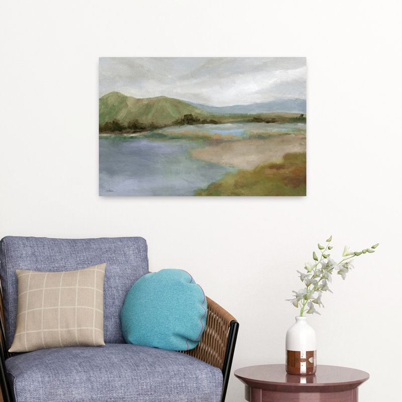 Foothills with Lake, art mural contemporain contemporain, paysage biologique, H 24 po x l 16 po