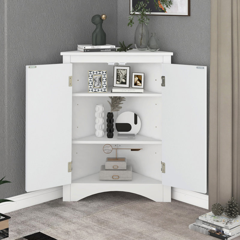White Triangle Home Cabinet With Adjustable Space-Optimizing Shelves Storage - Enhances Decor, White