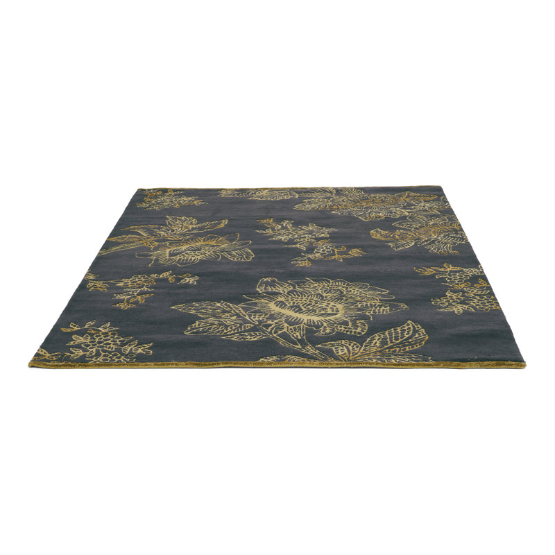 Hand Tufted Floral Area Rug in Charcoal/Gold, Rectangle 6'7" x 9'2"