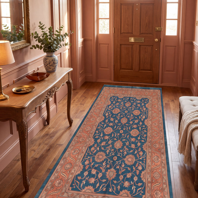 Tapis Acacia2 traditionnel à motif floral intégral, bleu sarcelle, or et crème, lavable à la machine, antidérapant, à poils courts, pour l'intérieur et l'extérieur, adapté aux animaux domestiques, idéal pour le salon, la chambre, la salle à manger, l'entrée, le couloir ou le bureau.