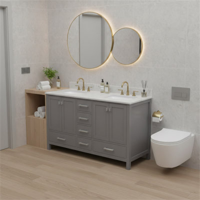 60'' Bathroom Vanity, Solid Wood Frame Bathroom Storage Cabinet, Freestanding Vanity Top With 2 Basin Gray