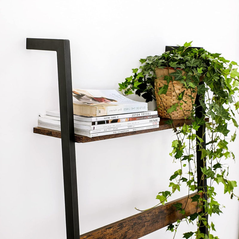 Versatile Industrial Rustic Brown Wall-Leaning Blanket Ladder with Storage Shelf
