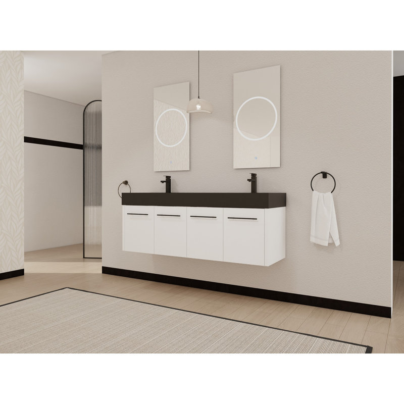 Meuble-lavabo mural 60 po avec lavabo, lavabo en résine noire à double rebord épais, ensemble KD, White, Black