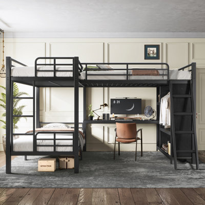 L-shaped Triple Bunk Bed with Desk and Wardrobe, Twin XL over Twin XL Bunk Bed with an Attached Full Loft Bed, No Box Spring Needed, Black