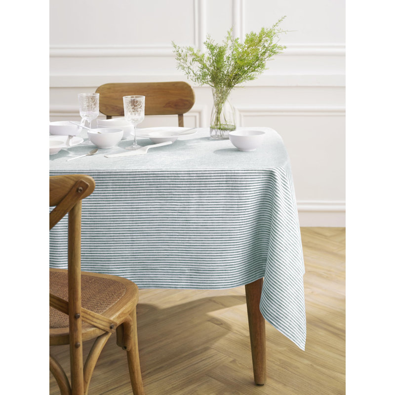 Narrow Stripe - 100% Pure Linen Tablecloth, 132" L x 60" W, Rainforest/White, Narrow Stripe