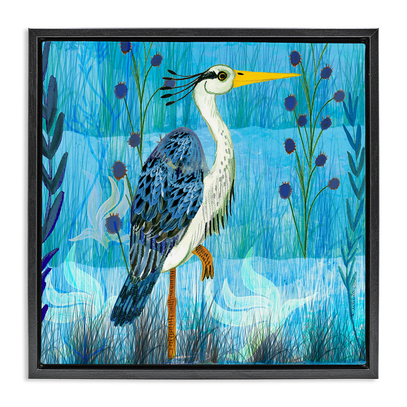 Grue sur pied avec cadre flottant aux tons bleus, design par Kay Widdowson, H 25 po x l 25 po, Cadre flottant noir de jais