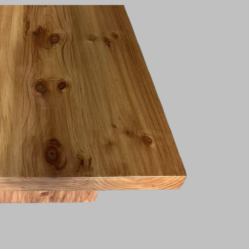 Ensemble de table de salle à manger de style industriel en bois massif rectangulaire, jumelé à huit chaises rembourrées en coton et en lin