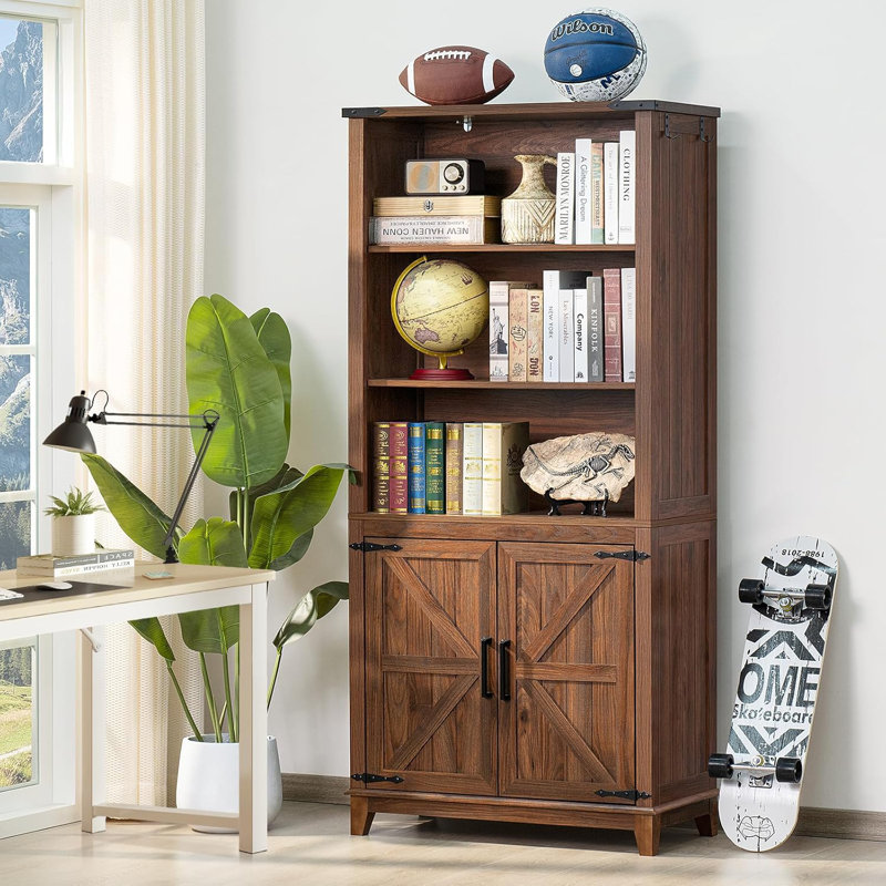 70in Tall Bookshelf 5 Tier Bookcase with Barn Doors and Adjustable Shelves, Farmhouse Book Shelf, Brown