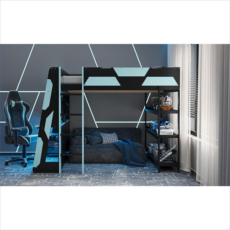 Gaming Room Full Size Loft Bed, Solid Wood MDF Construction, Sleek Black, Integrated Desk, Storage Shelves and LED Lights