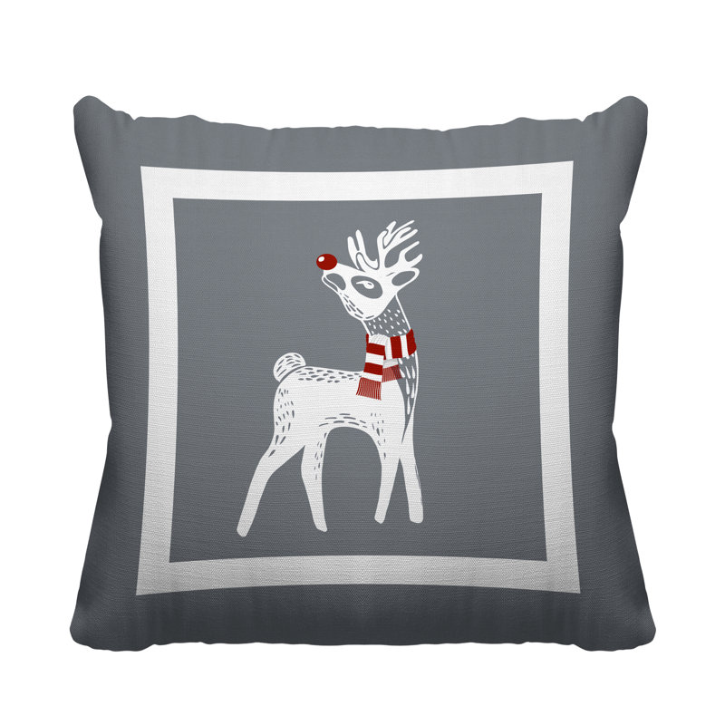 Coussin décoratif intérieur / extérieur Folk Christmas Reindeer, L 15 po x H 15 po, Gris