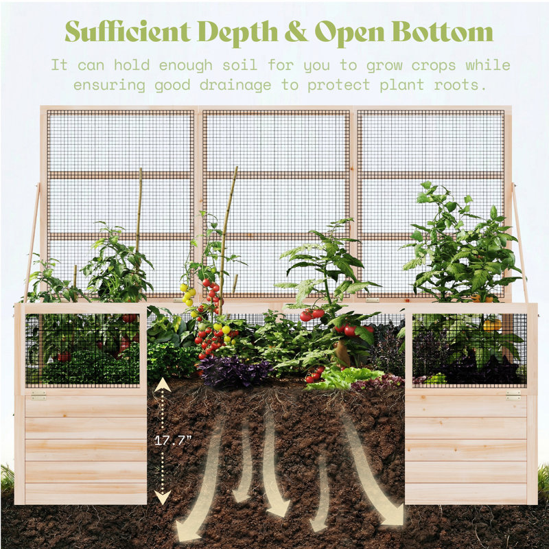  Lit de jardin surélevé avec clôture à charnières et treillis, pot à fleurs en bois de 18 pouces, panneau avant rabattable de 2 pièces, assemblage facile, idéal pour le démarrage des graines et la croissance des légumes, des fruits