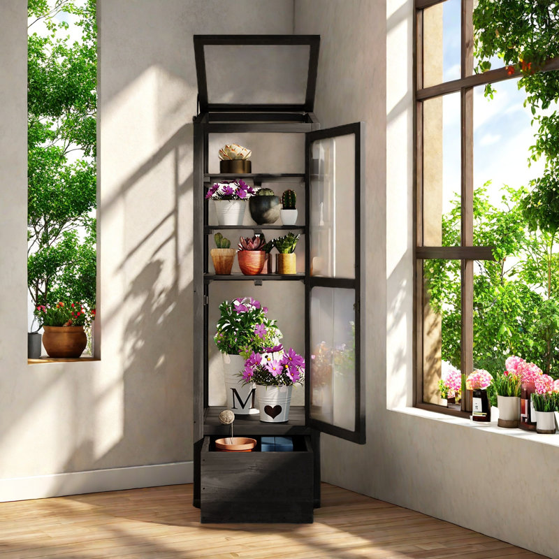 Black Fir Wood Garden Greenhouse with Adjustable Shelves and Storage Box