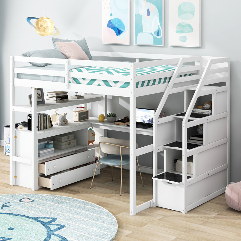 Lit mezzanine double blanc avec bureau, tablettes et amplement de rangement -, Lit double, Blanc