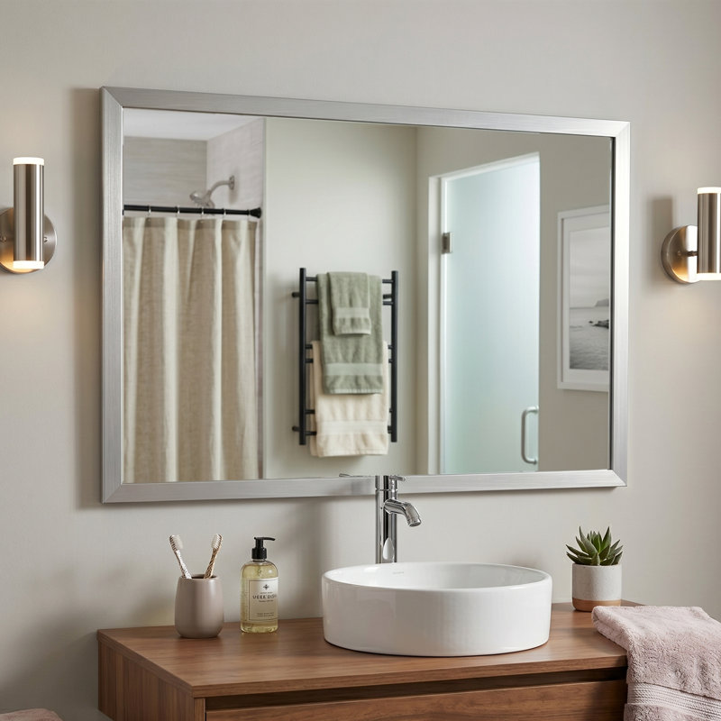Wood Framed Mirror with Safety Backing Ideal for Bathroom / Vanity Mirror Ellis Collection, Satin Nickel, 32" x 32"