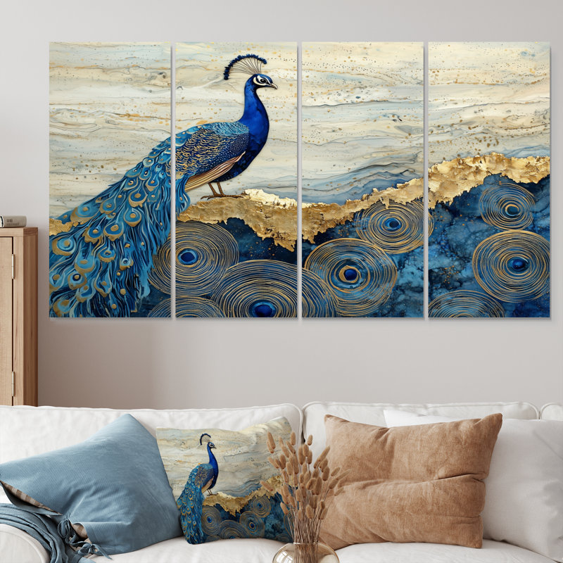 «Golden Aqua and Agate Peacck Landscape II - Aqua Art», ensemble de décorations murales modernes, H 28 po x l 48 po