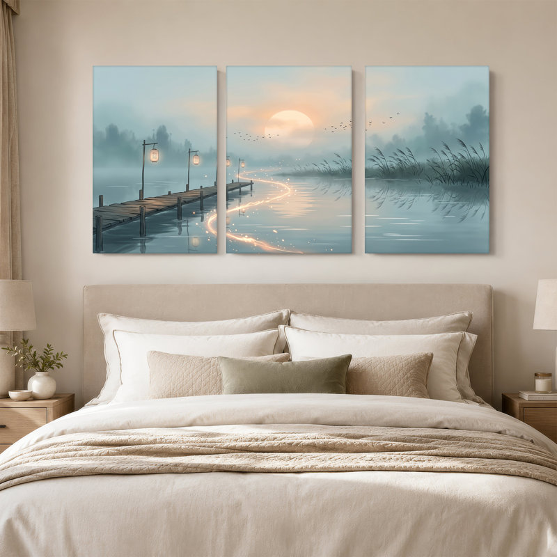 Misty Lake Dock, ensemble de 3 toiles avec lanternes en papier et oiseaux volants, 36"H x 24"W x 3pcs