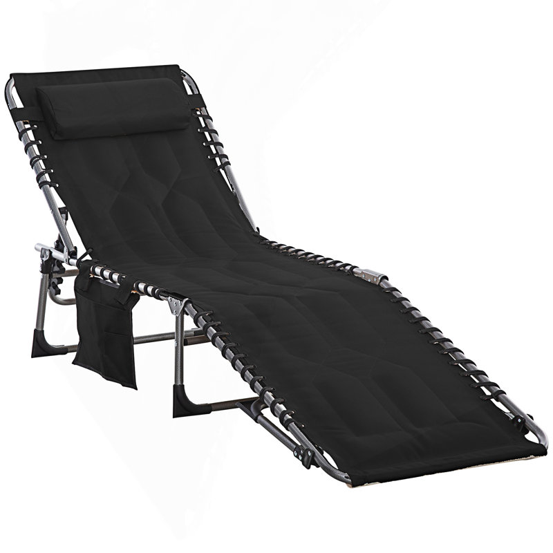 Padded Folding Chaise Lounge Chair, Outdoor 6-Level Reclining Camping Tanning Chair, Black
