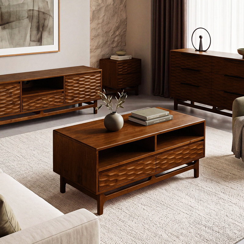  Acacia Elara 47.2”W Coffee Table Storage, Solid Rubber Wood, Suitable for Living Room, Home Office with 2 Drawers and Open Design, Easy Setup