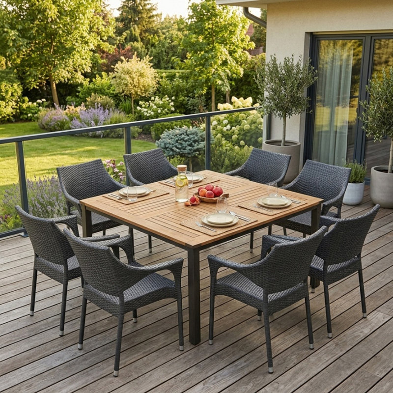 Ensemble de mobilier de jardin pour 8 personnes, table en bois d'acacia massif et chaises empilables en osier gris pour terrasse et jardin.