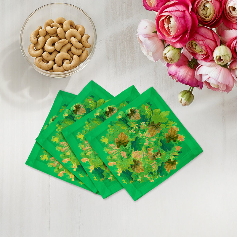 Fallen Leaves Cotton Sateen Cocktail Napkins, Green