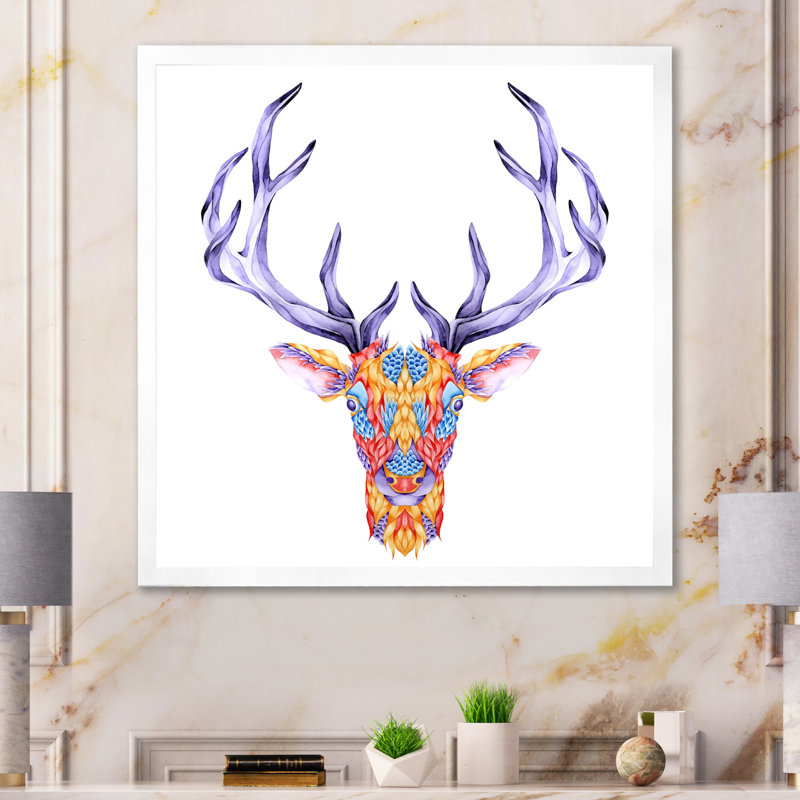 Tête de cerf multicolore, H 16 po x l 16 po x P 1 po, Toile blanche avec cadre photo