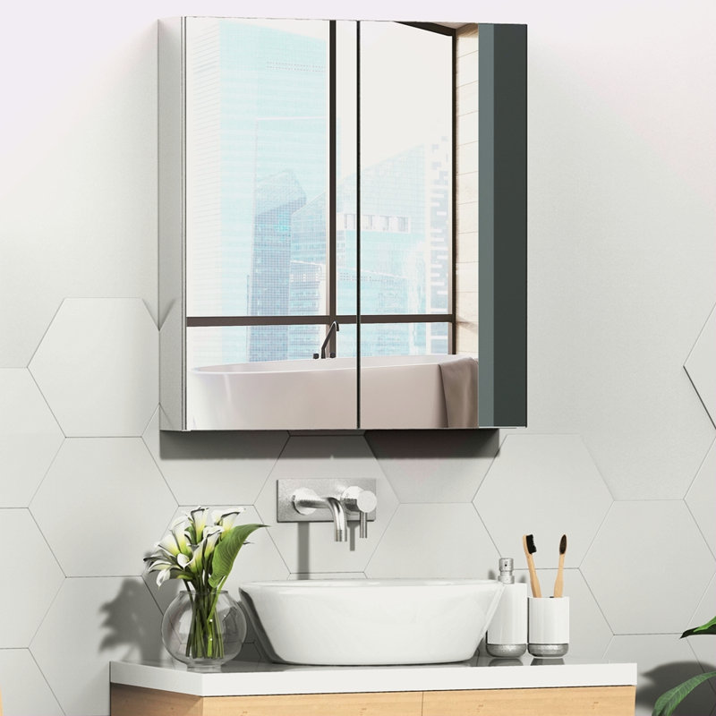 Armoire à pharmacie avec cadre en acier inoxydable 24 po x 26 po pour salle de bain, organisateur de rangement mural avec portes doubles, argent