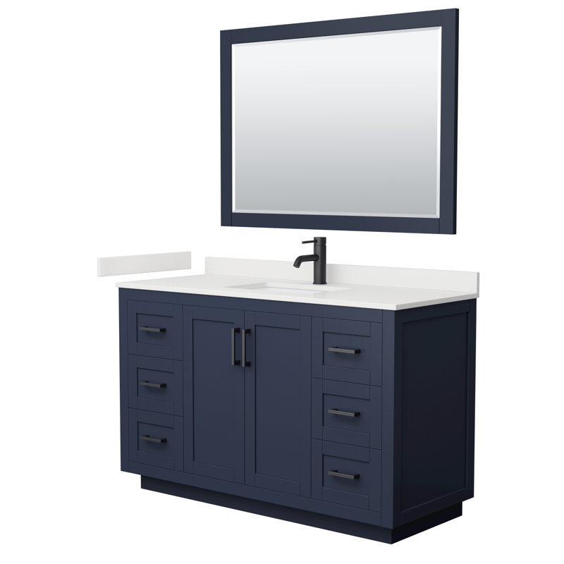 Ensemble de meuble-lavabo simple autoportant 54 po avec plateau en quartz Miranda, Quartz blanc, Bleu foncé, Noir mat