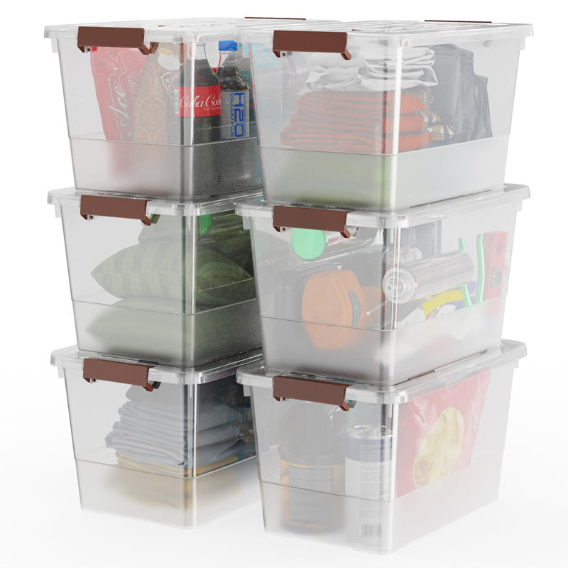 32 Qt Plastic Clear Storage Bin with Durable Lids and Latching Buckle, 6-Pack Tote Organizing Box Stackable and Nestable
