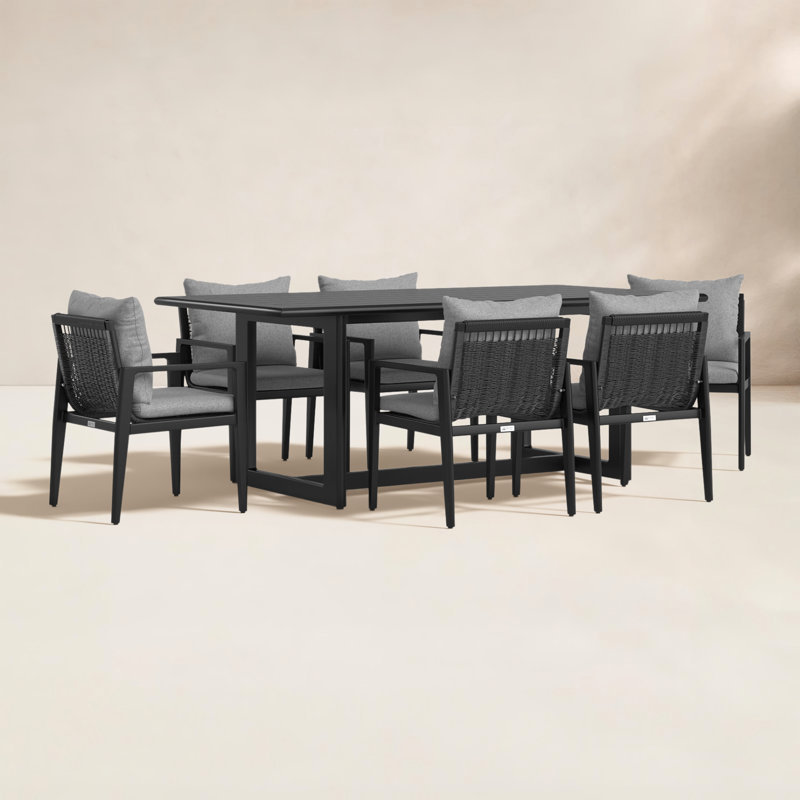 Trosclair 7 Piece Outdoor Patio Dining Table Set in Aluminum with Grey Cushions, 6
