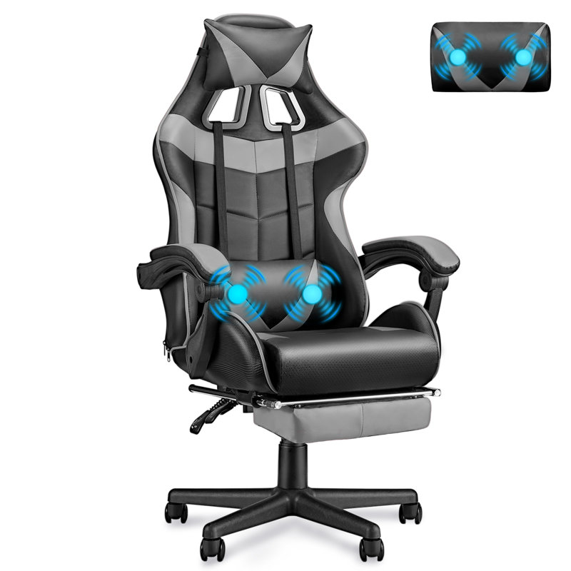 Soontrans Gaming Chair with Footrest High Back Office Chair with Headrest&Massage Lumbar Support Swivel Ergonomic Gaming Chair for Adults, Gray
