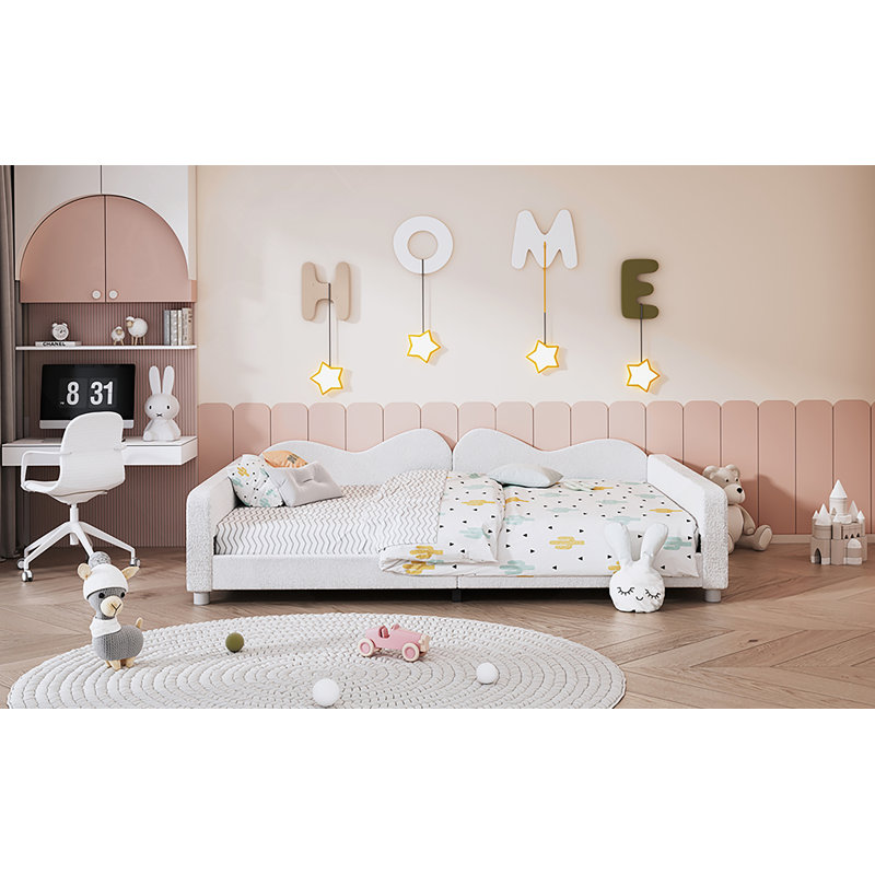 Full Size Upholstered Daybed, Sherpa Fabric Sofabed With Cloud-Shaped Backrest, White
