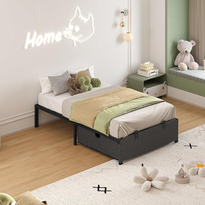  Platform Twin Size Bed Frame with 2 Large Storage Drawers,Heavy Duty Steel Slats, Dark Grey & Black
