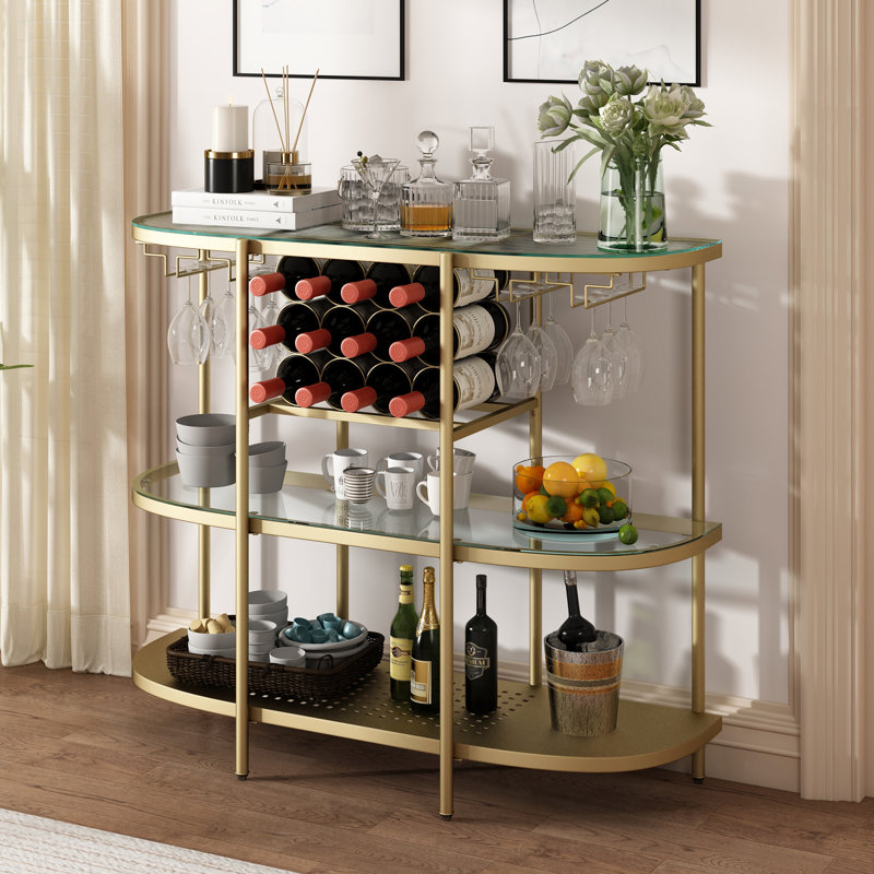 Itasca Metal Wine Bar Stand with 4-Tier Storage, Tempered Glass Wine Rack Table with Glass Holders