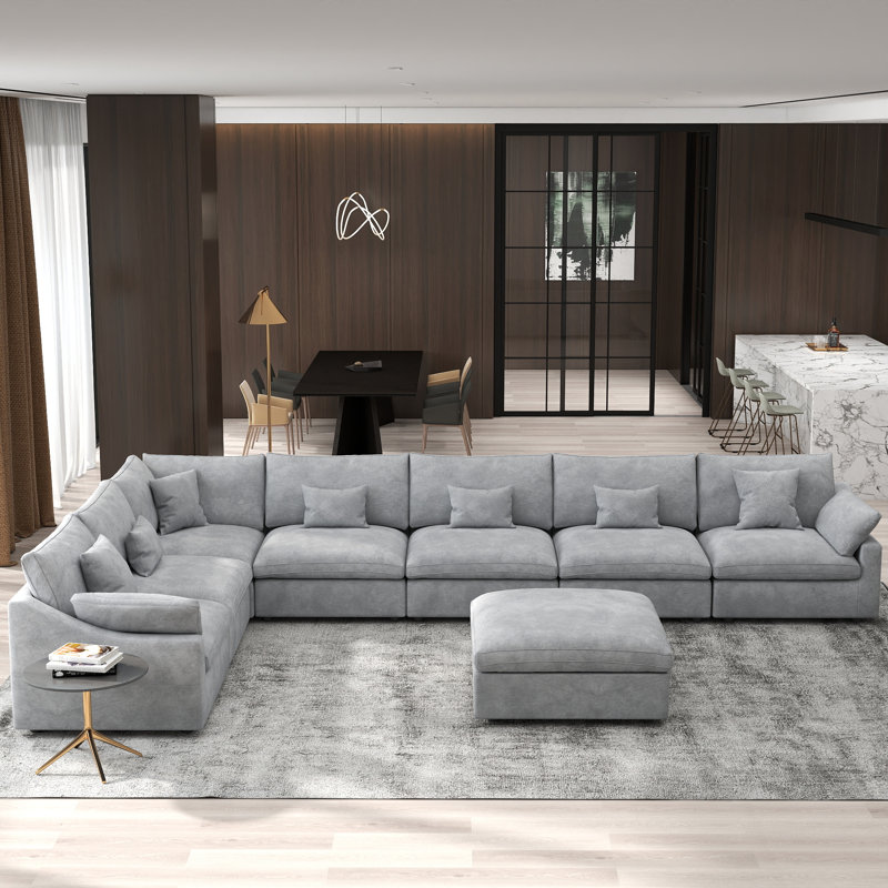 Canapé modulaire en forme de U avec repose-pieds mobile Elowen, Rembourrage en mousse gris clair