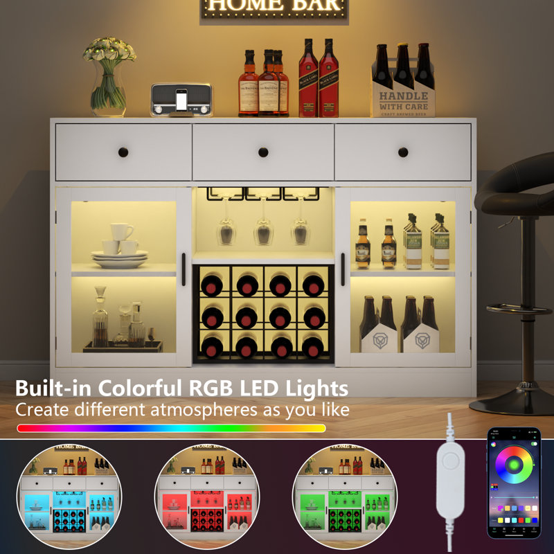 Wine Bar Cabinet with LED Light, Home Coffee Cabinet with Wine and Glass Rack, White